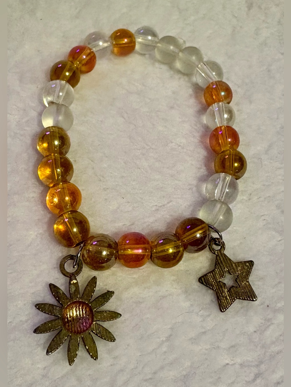 Amber & Clear Bead Charm Bracelet with Sun and Star